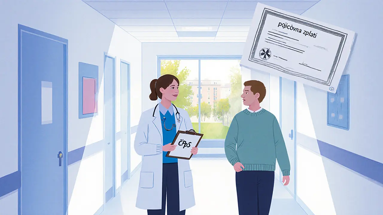 Terapeut z ČPtS v nemocničním prostředí s klientem a certifikátem hrazené terapie.