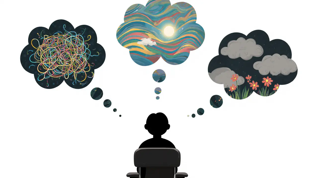 Tři myšlenkové bubliny ukazují různé typy ticha: zmatek, plodnost a vyčerpání, terapeut klidně sedí vedle.