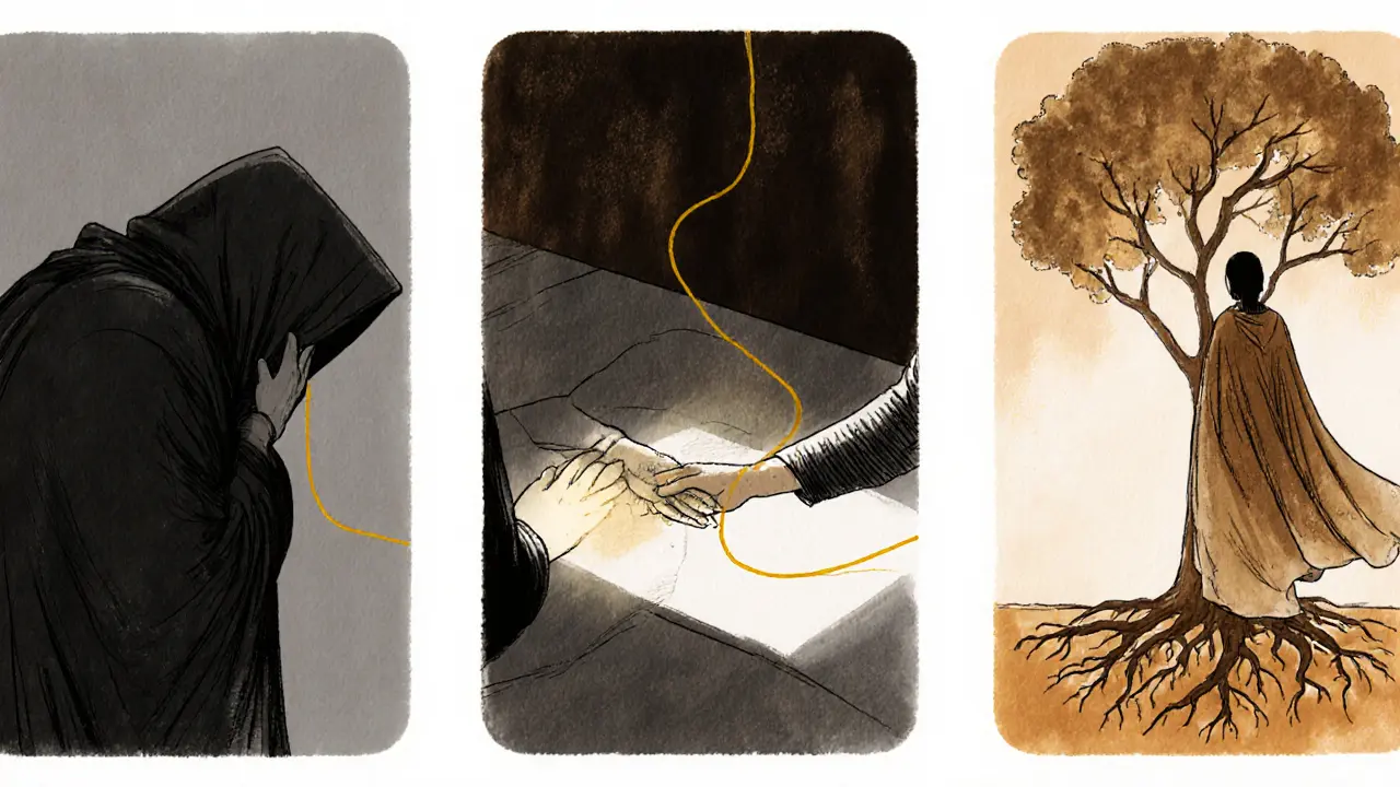 Tři scény ukazují cestu od útěku k bezpečí: od závěsu, přes spojení rukou, k volnému stání pod stromem.