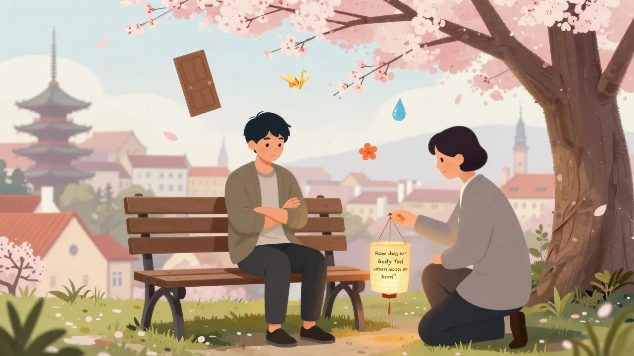 Asijský klient pod květoučkem višně, terapeut se k němu naklání s lampionem a symboly neřečených emocí.