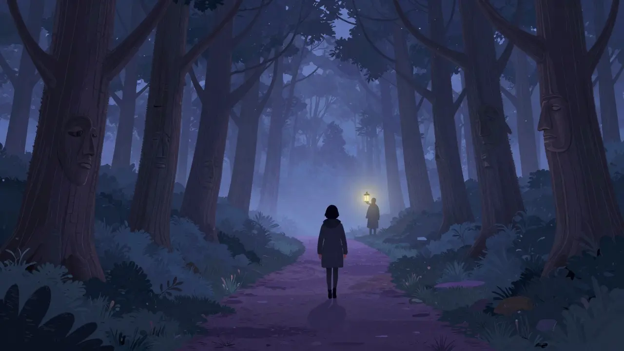 Člověk kráčí lesní cestou, kde stromy připomínají minulé vzory, světlo září v dálce.