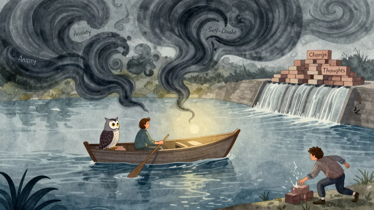 Člověk plave s myšlenkami jako vlnami, symbolizující přijetí v ACT.