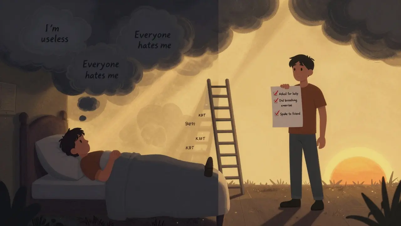 Člověk překonává negativní myšlenky v noci a postupně přechází k aktivitám podle KBT protokolu.