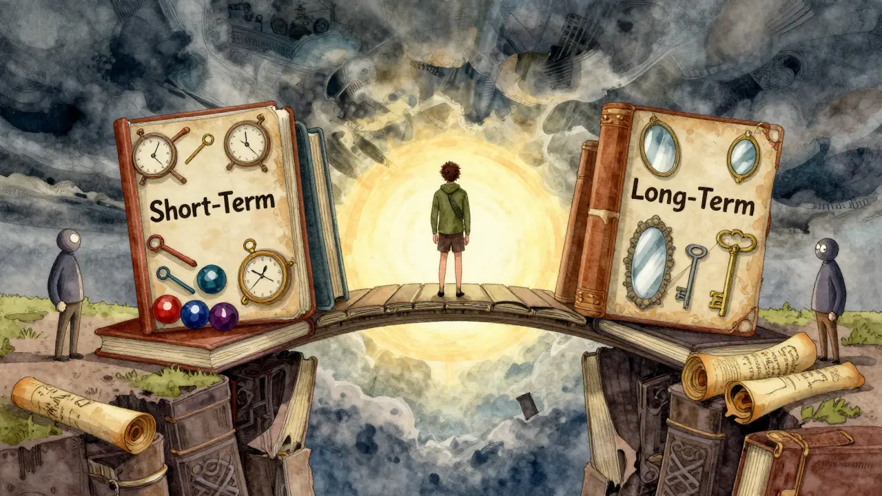 Člověk stojí na mostě mezi krátkodobou a dlouhodobou terapií, oba přístupy jsou vidět jako struktury.