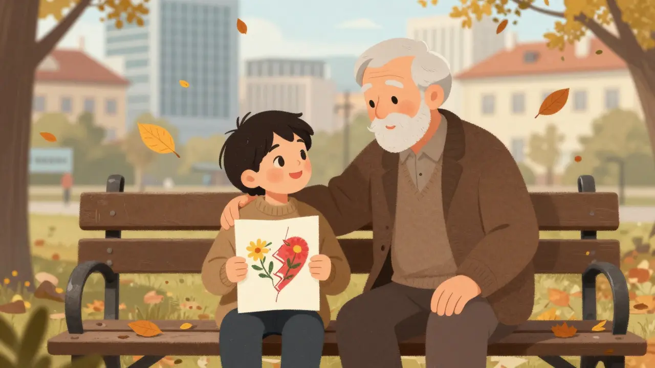 Dítě a starší osoba na lavičce, dítě drží kresbu s květinami v rozštěpeném srdci.