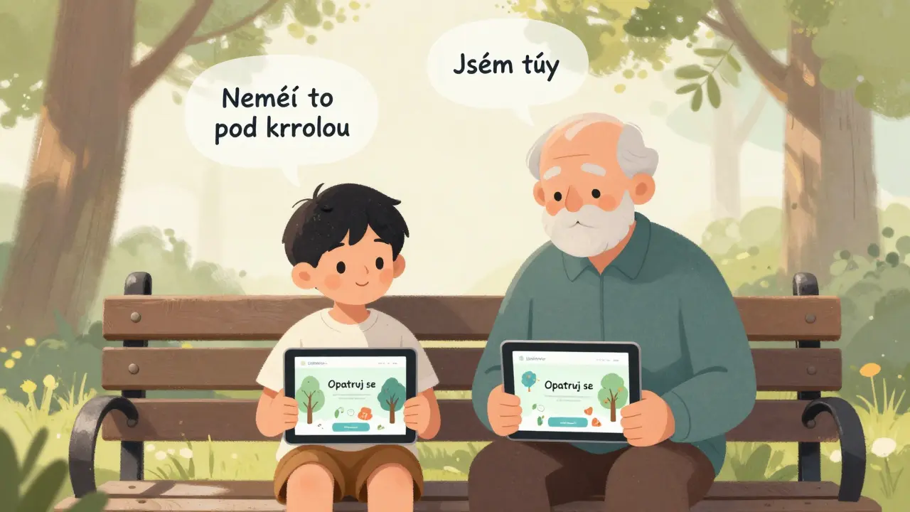 Dítě a starý muž sedí na lavičce a dívají se na obrazovky s klidnými obrázky, symbolizujícími psychickou podporu.