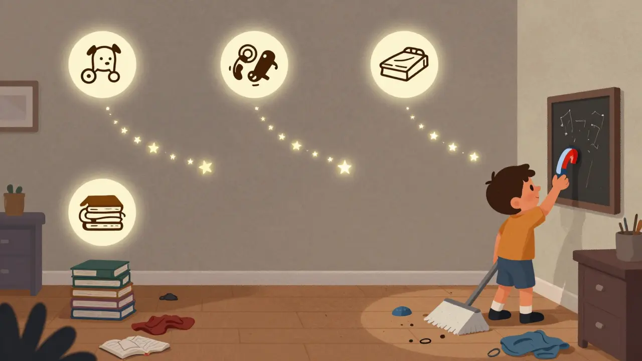 Dítě postupně uklízí pokoj ve čtyřech krocích, každý krok je vidět jako ikona.