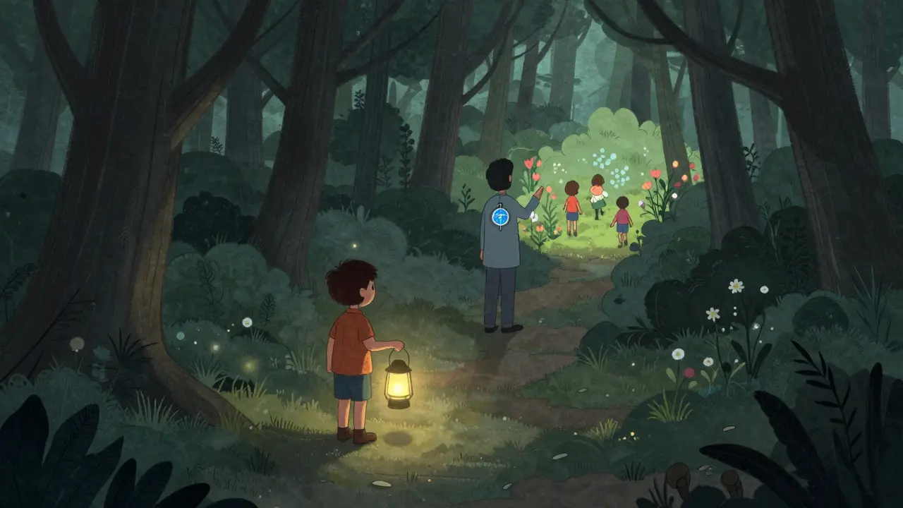 Dítě s lucernou směřuje k zahradě hodnot, i když kolem je temný les.