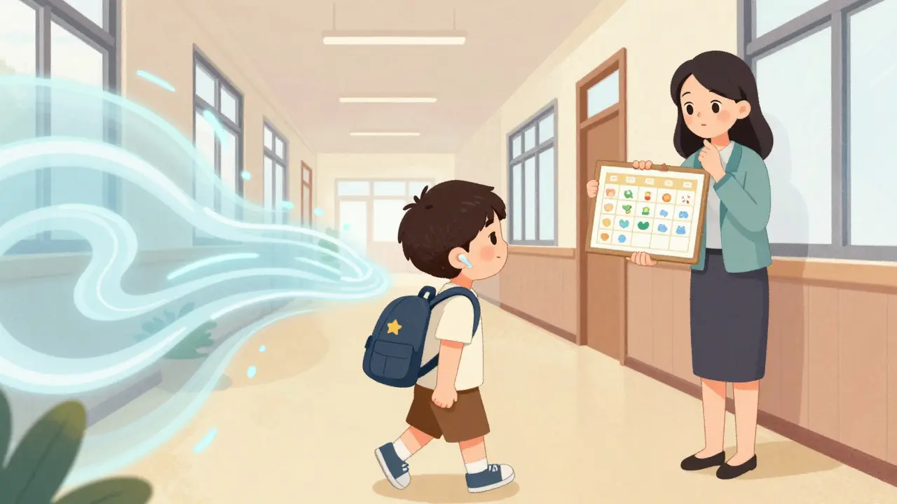 Dítě s ucpávkami do uší prochází rušnou chodbou, učitel ho podporuje.