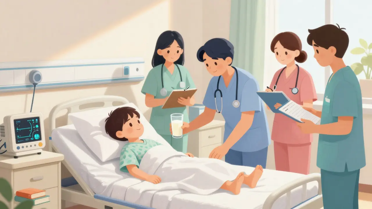 Dítě v nemocniční pokoji s monitorováním, personál ho opatrně péčí.