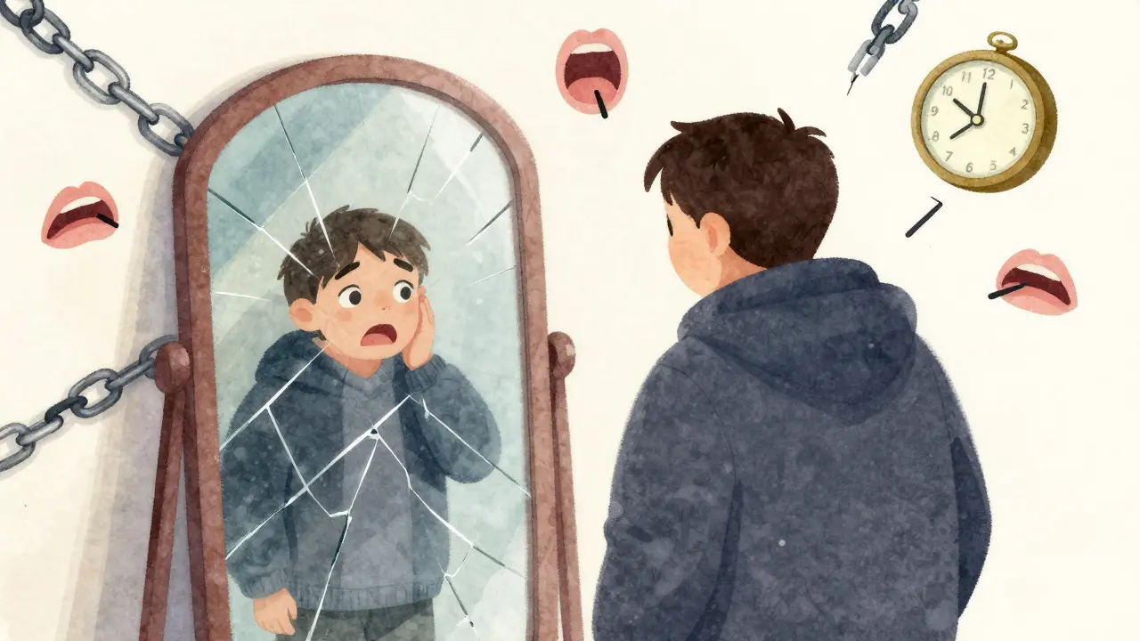 Dospělý člověk se dívá do zrcadla, kde se v odrazu objeví dítě a symboly emocionálního zneužívání.