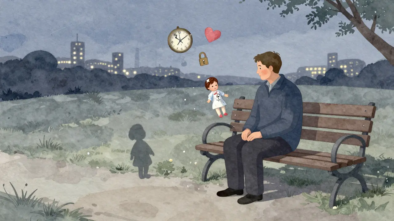 Dospělý na lavičce, jeho stín je dítě s rozbitou panenkou.