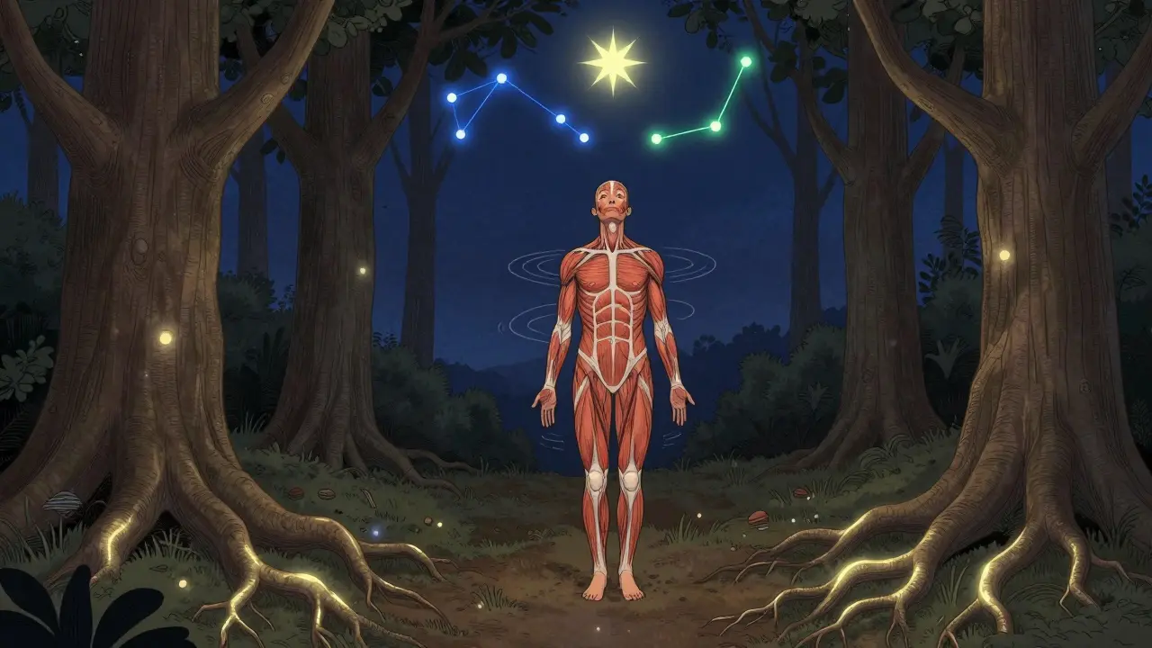 Dospělý stojí bosý na zemi, z jeho těla se vlní jemné kmitání, zatímco kořeny stromů svítí pod nohama.