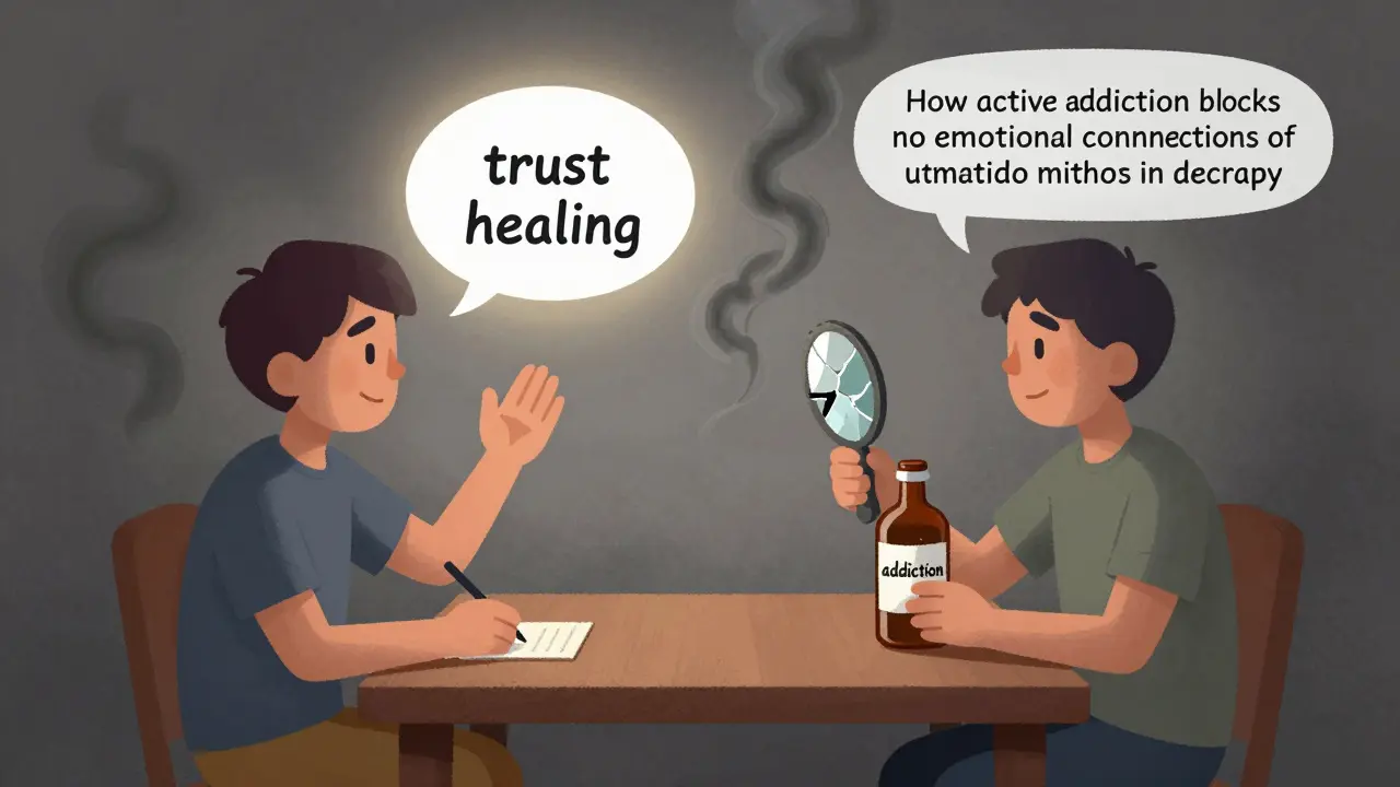 Dva lidé odděleni kouřem — jeden s hovorem o léčbě, druhý s láhví závislosti a rozbitým zrcadlem.