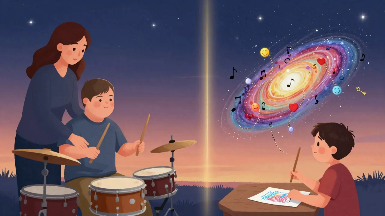 Dvě scény: dítě hraje na buben s terapeutem a druhé kreslí barvy jako emoce.