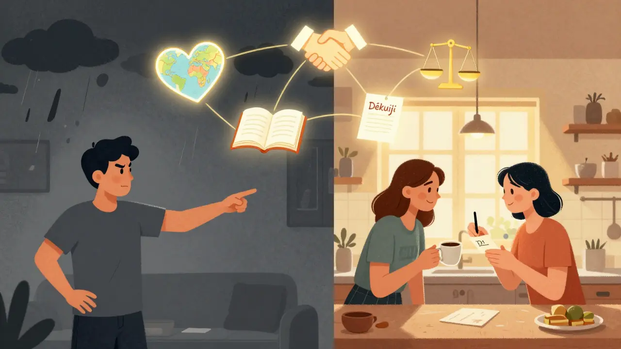 Dvě scény: jedna s hádkou ve tmě, druhá s láskou ve světle — sedm principů jako zářící symboly.