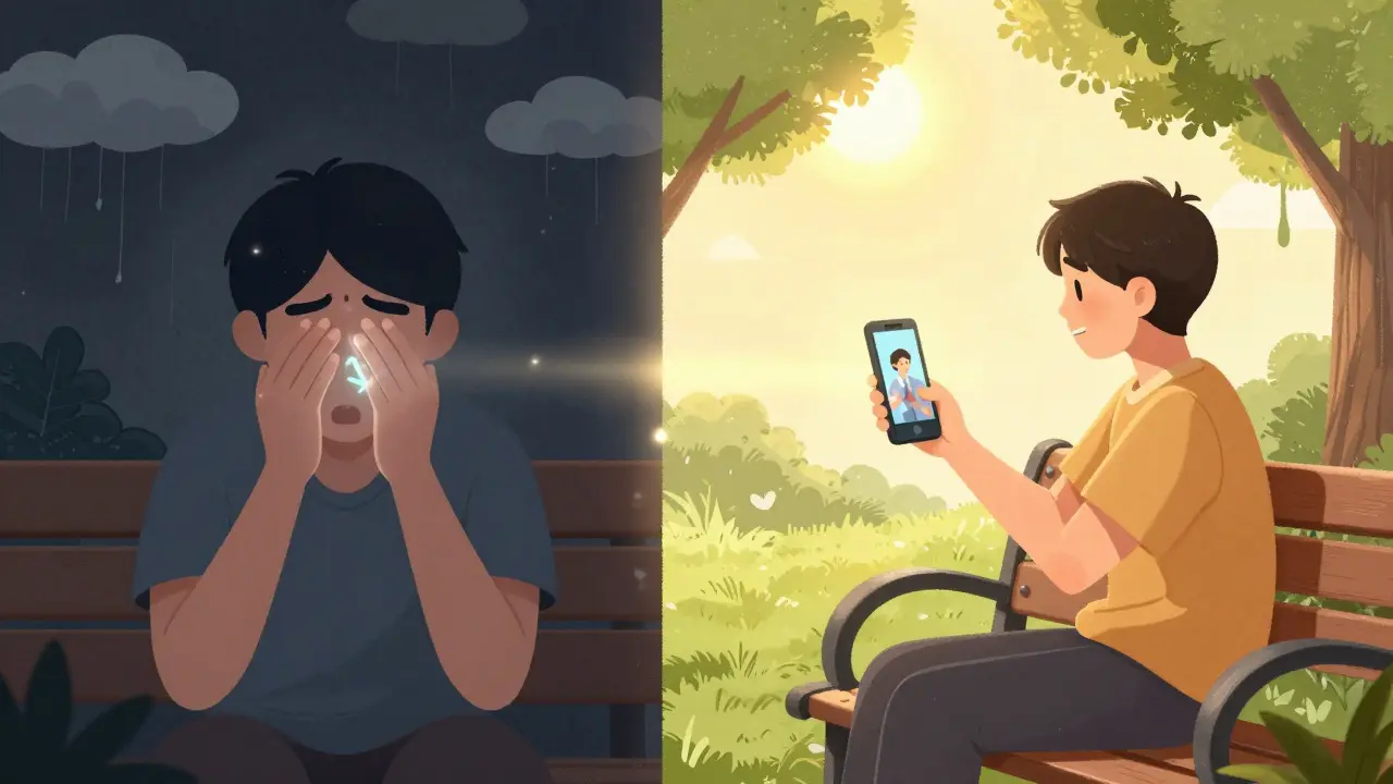 Dvě scény: jedna s porušeným spojením, druhá s úspěšnou terapií – přechod z izolace k podpoře.