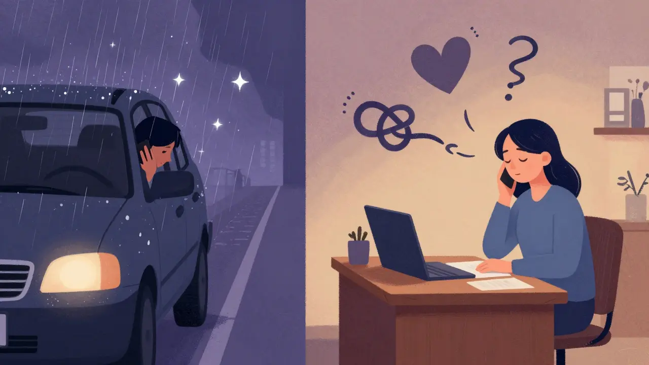 Dvě scény: osoba v autě hovoří po telefonu a terapeut naslouchá, oba spojeni zvukovými vlnami.