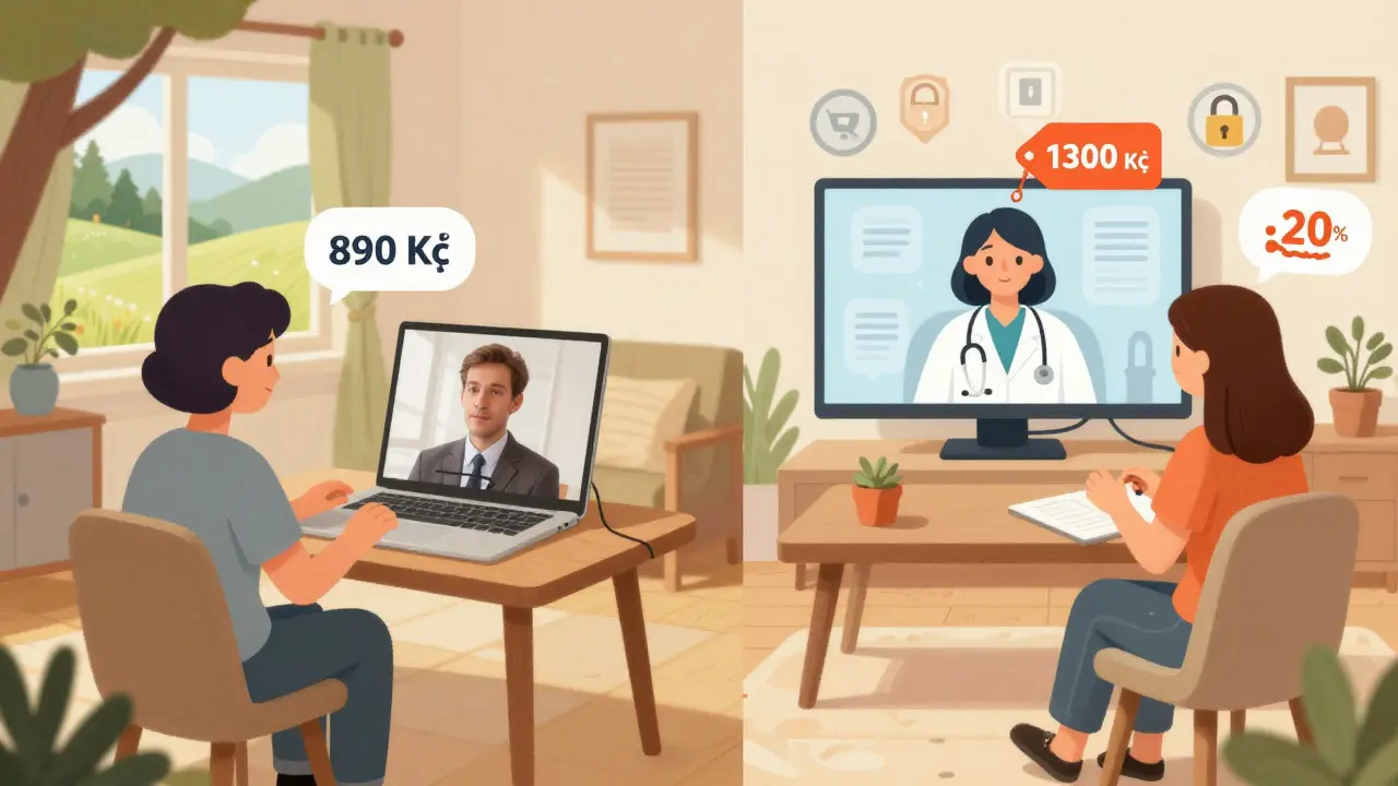 Dvě scény terapie: levná online na venkově a drahá s certifikacemi ve městě, s cenami jako výzdoba.