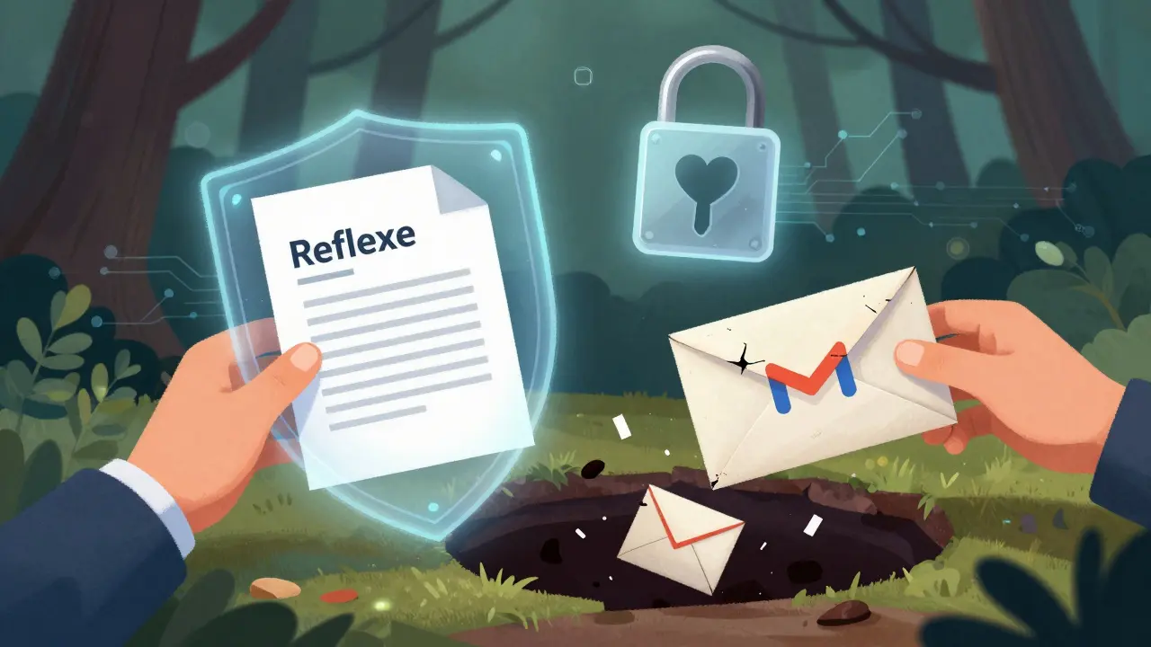 Klient drží šifrovaný soubor, zatímco nebezpečný e-mail padá do tmy – symbol bezpečné komunikace.