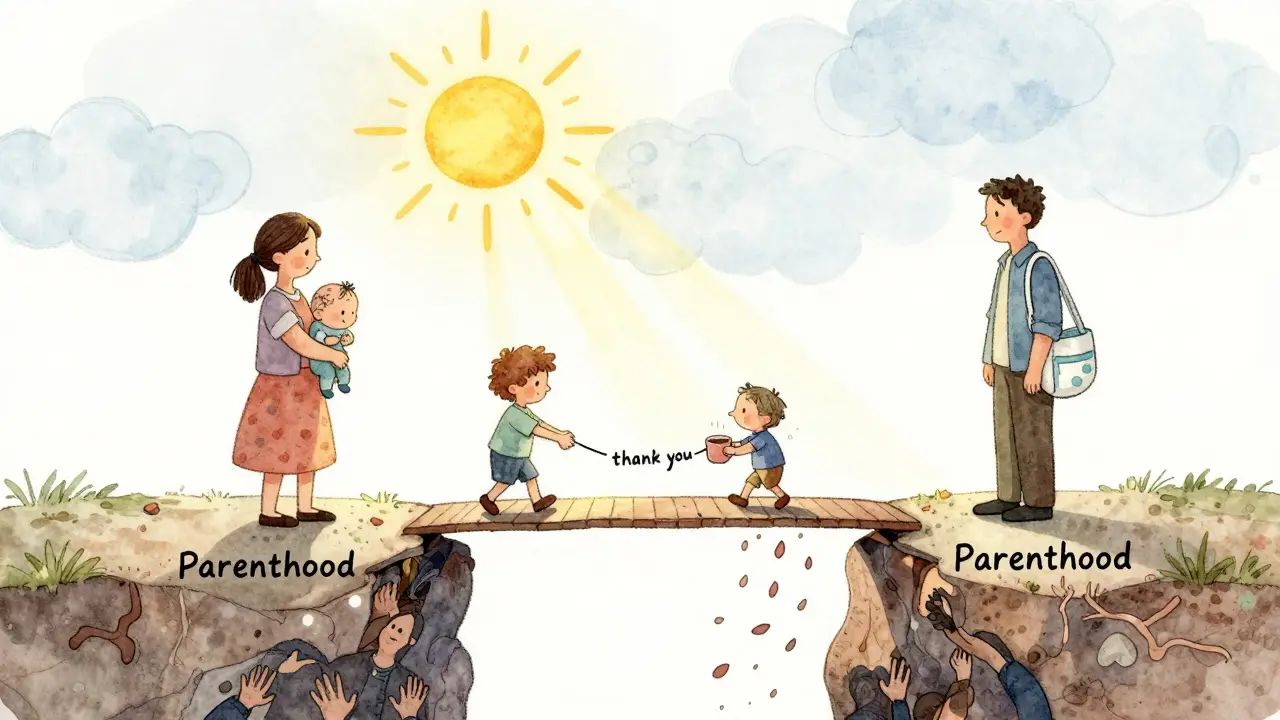 Křehký most z každodenních gest překonává propast rodičovství, slunce září nad ním, ztracené konflikty se mění v květiny.