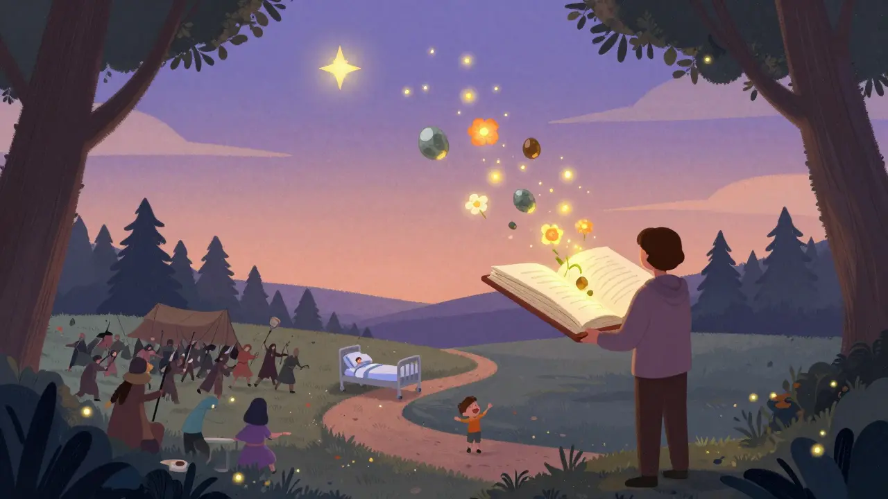 Osoba drží uzavřenou knihu, z níž vylétávají světelné kameny a květiny do nebe.