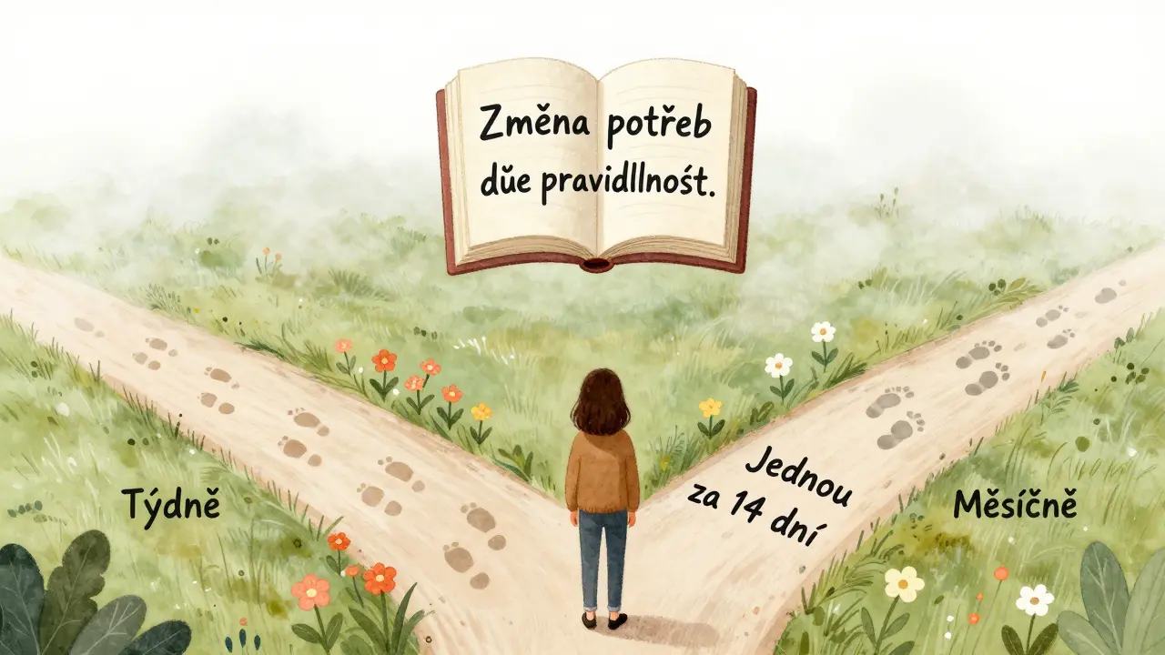 Osoba stojí na křižovatce s třemi cestami, každá reprezentuje různou frekvenci terapie, jedna je živá, druhá střední, třetí zatemnělá.