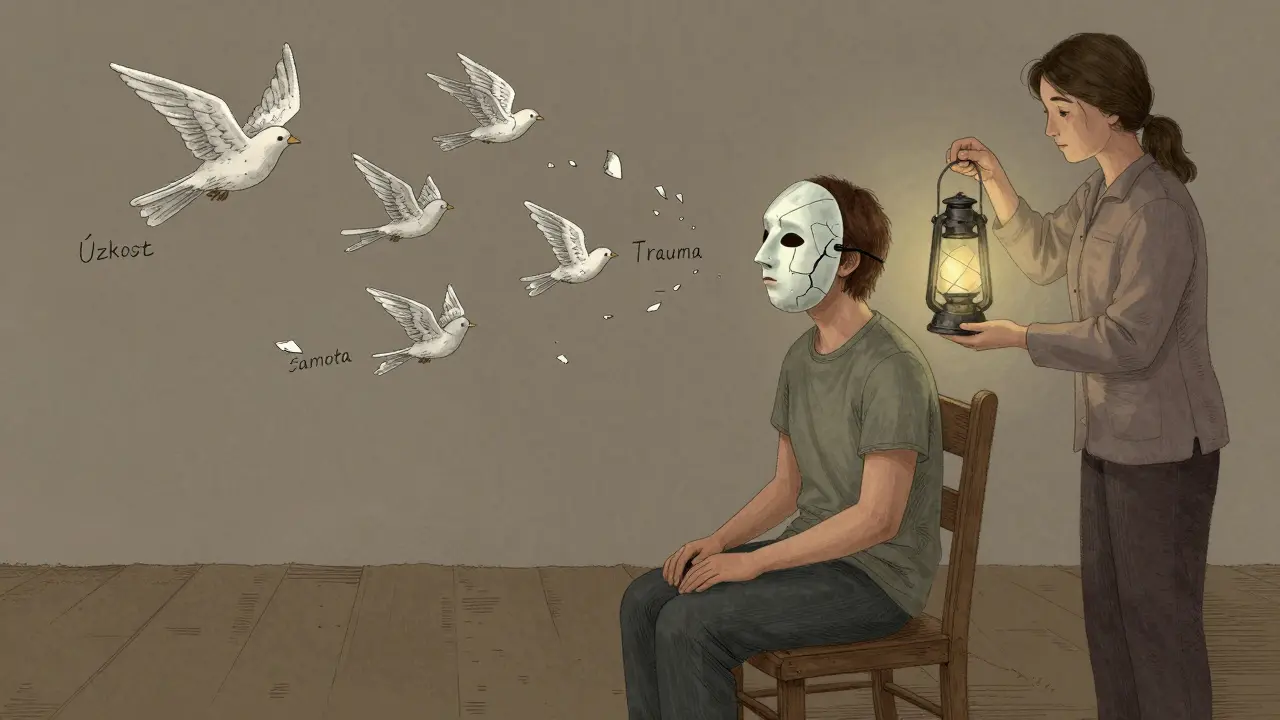 Osoba v rozbité keramické maskě, když se maska rozbíjí, letí z ní papírové ptáčky s nápisem úzkost, trauma a samota, terapeut drží lucernu.
