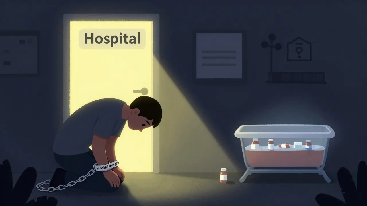 Osoba v temnotě s řetězy sebevražedných myšlenek, zatímco se v dálce rozsvěcuje dveře do nemocnice.