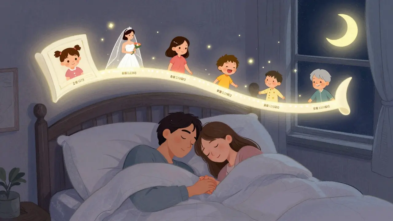 Pár spí, ruce spojené, nad nimi se rozvíjí příběh jejich vztahu jako pohyblivý svitek.