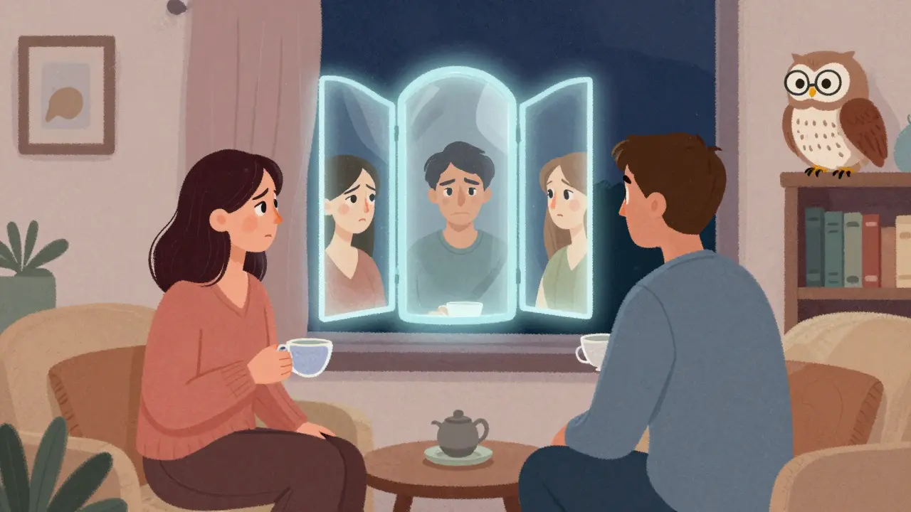 Pár v bytě, mezi nimi průhledné zrcadlo s třemi verzemi jejich sporu, pták pozoruje z knihovny.