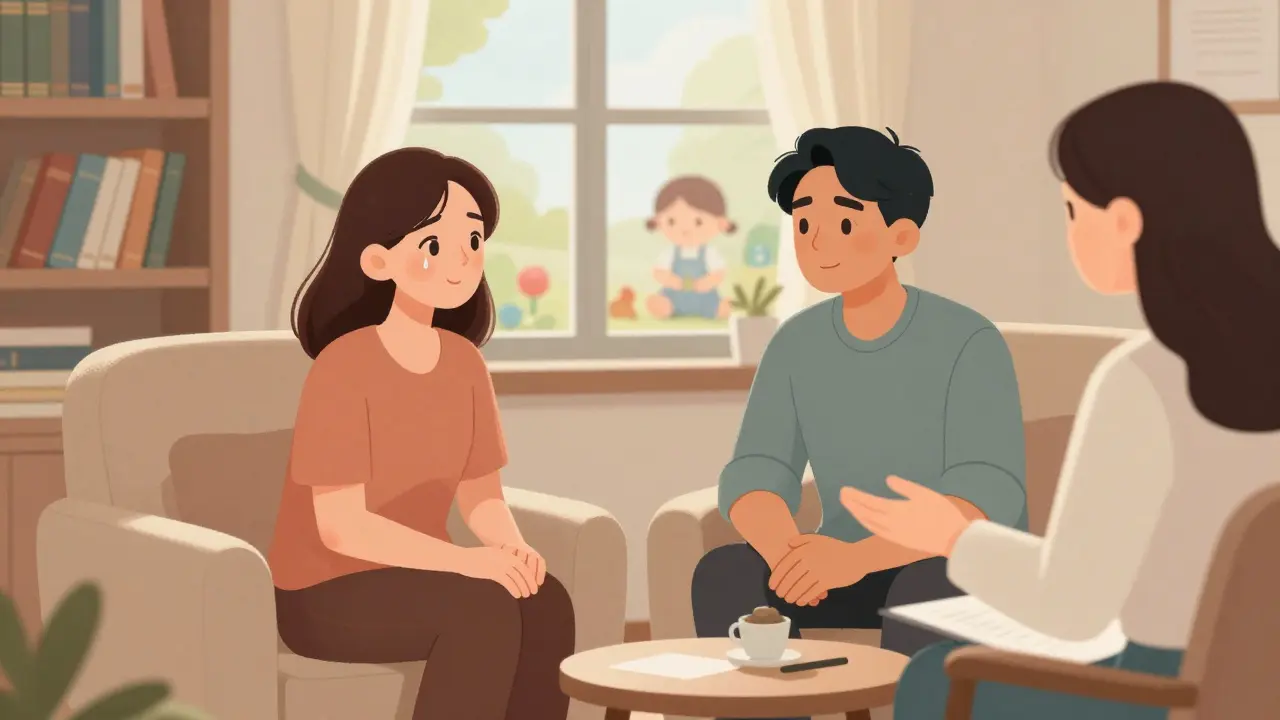 Pár v terapii drží ruce, terapeut jim míří k očím, za nimi hraje dítě venku, atmosféra klidu a pochopení.