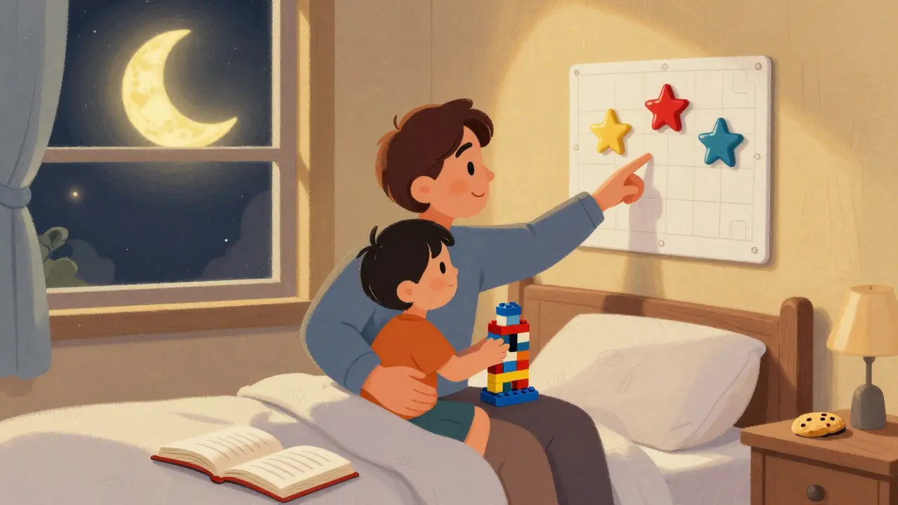 Rodič a dítě spolu hledí na tabulku s odměnami před spaním, na nočním stolku je Lego.