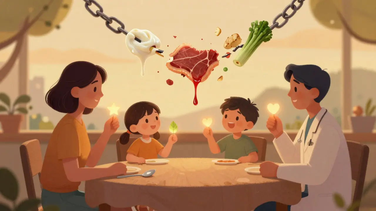 Rodina drží světelné symboly, nad nimi se rozpadají řetězy z textur jídel ve třídním světle.