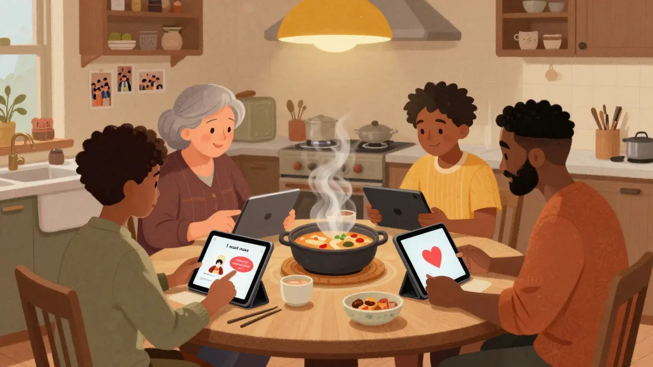 Rodina se při večeři komunikuje pomocí tabletu se symboly v češtině.