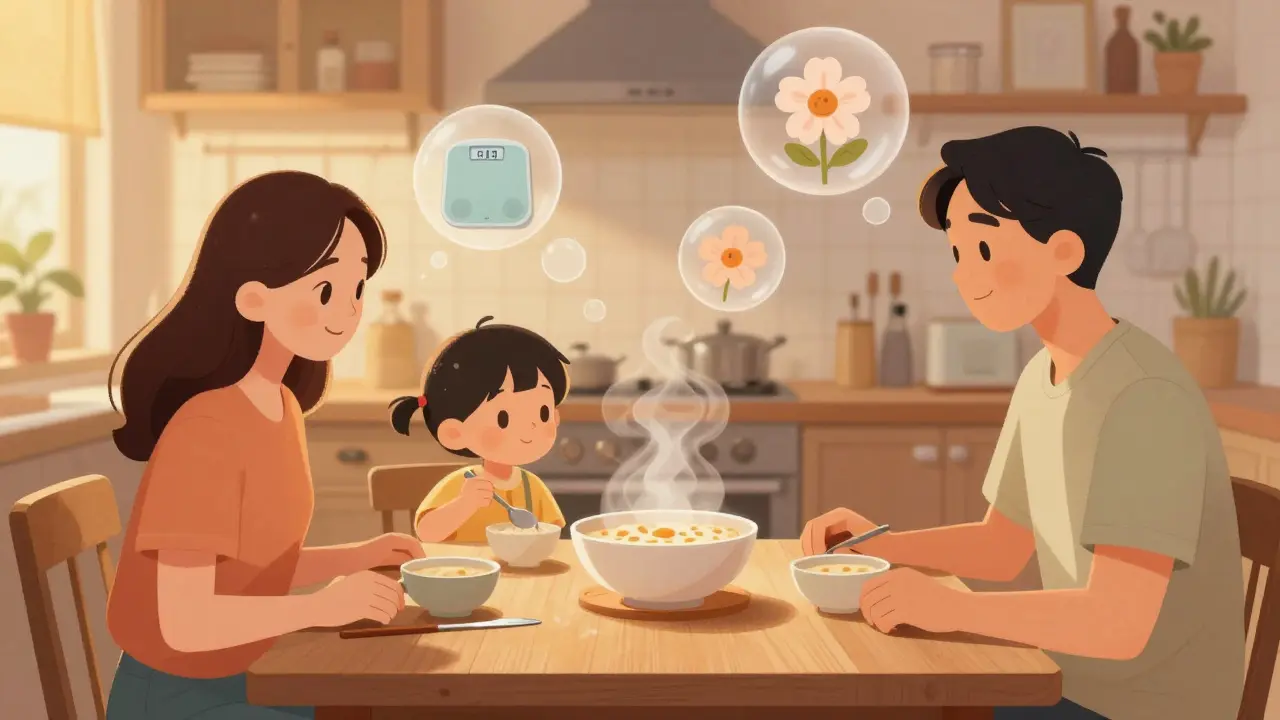 Rodina společně jí bez telefonů, dítě pomalu začíná jíst.