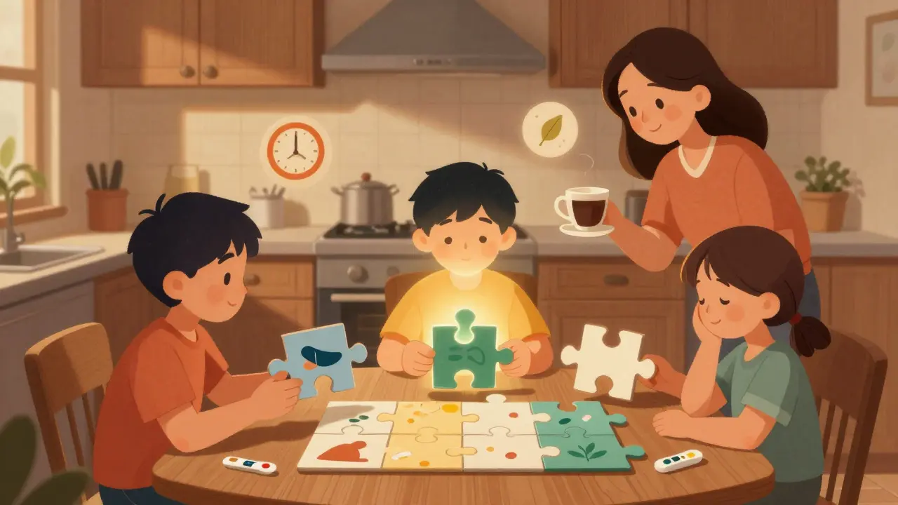 Rodina spolu na kuchyňském stole skládá puzzle s klíčovými prvky duševního zdraví.