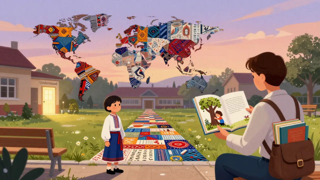 Romské dítě na školním dvoře, terapeut přináší knihu s příběhem, kde se emoce vyjadřují jinak než slovy.