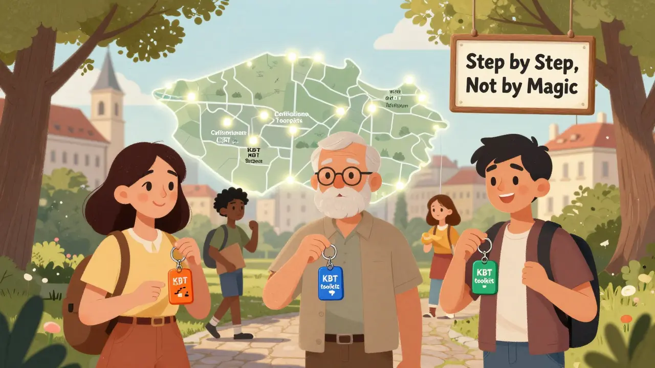 Různí lidé v parku drží osobní nástroje KBT, zatímco mapa Česka ukazuje místa s certifikovanými terapeuty.