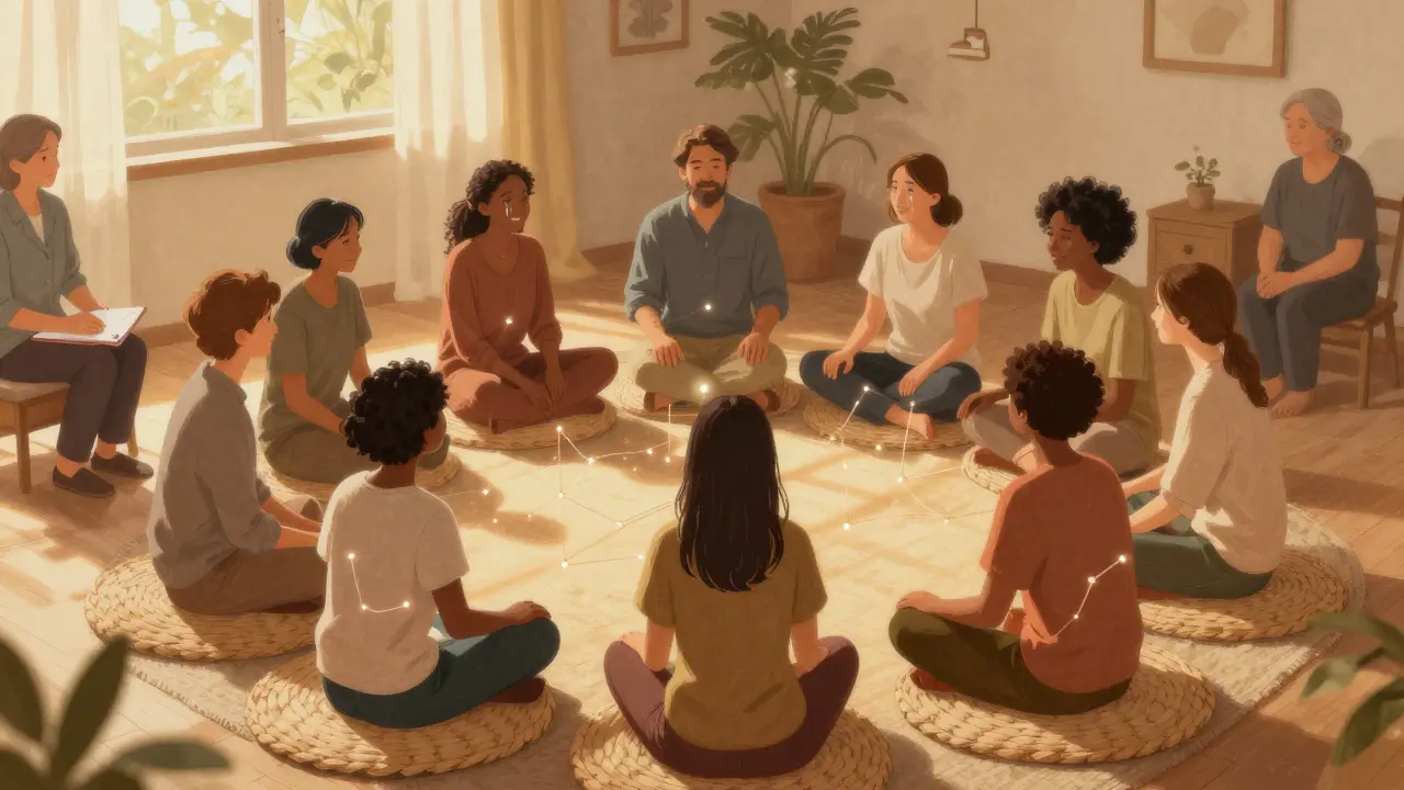 Skupina lidí sedí v kruhu, propojená jemnými světelnými vlákny, symbolizující skupinovou terapii.