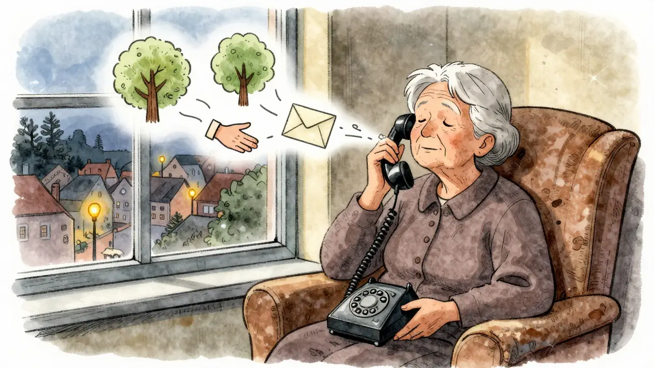 Stará žena poslouchá telefon, z něj vystupují vlny hlasu ve tvaru klidných symbolů.