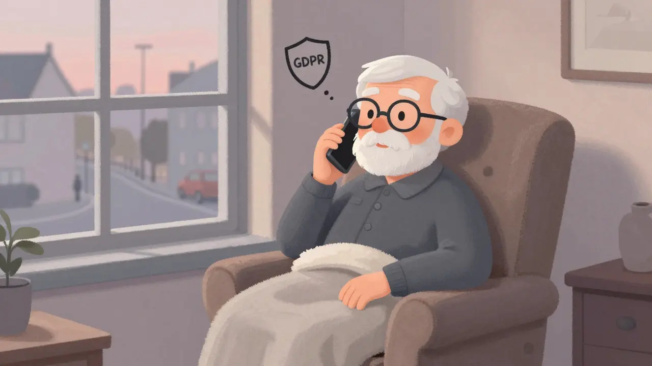 Starší osoba hovoří po telefonu v klidné místnosti, symbolizující bezpečnou terapii bez videa.