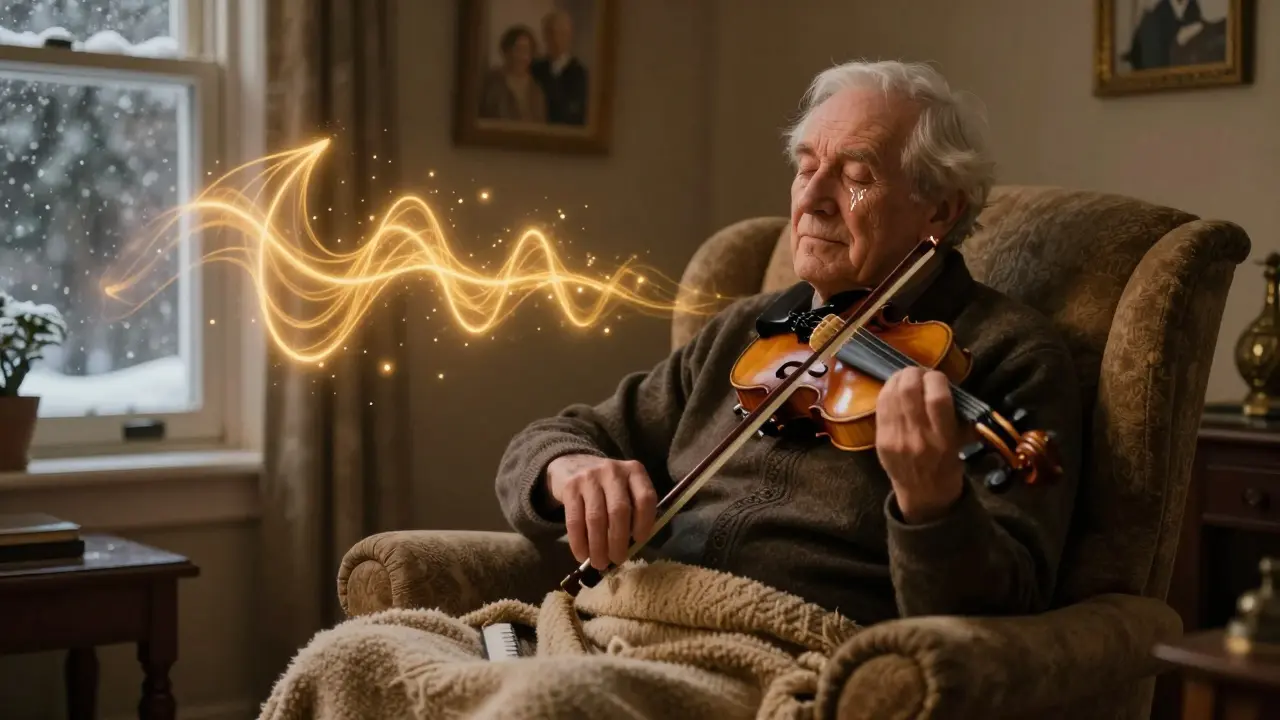 Starý muž pláče při poslechu hudby, zvuky se objevují jako zlaté vlny.