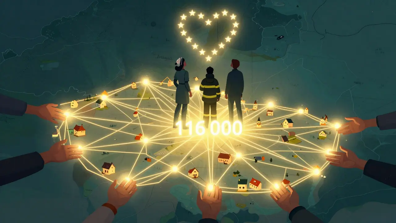 Světelná síť spojuje města a vesnice Česka k jednomu zářícímu číslu 116 000, ruce se dotýkají v údolí.