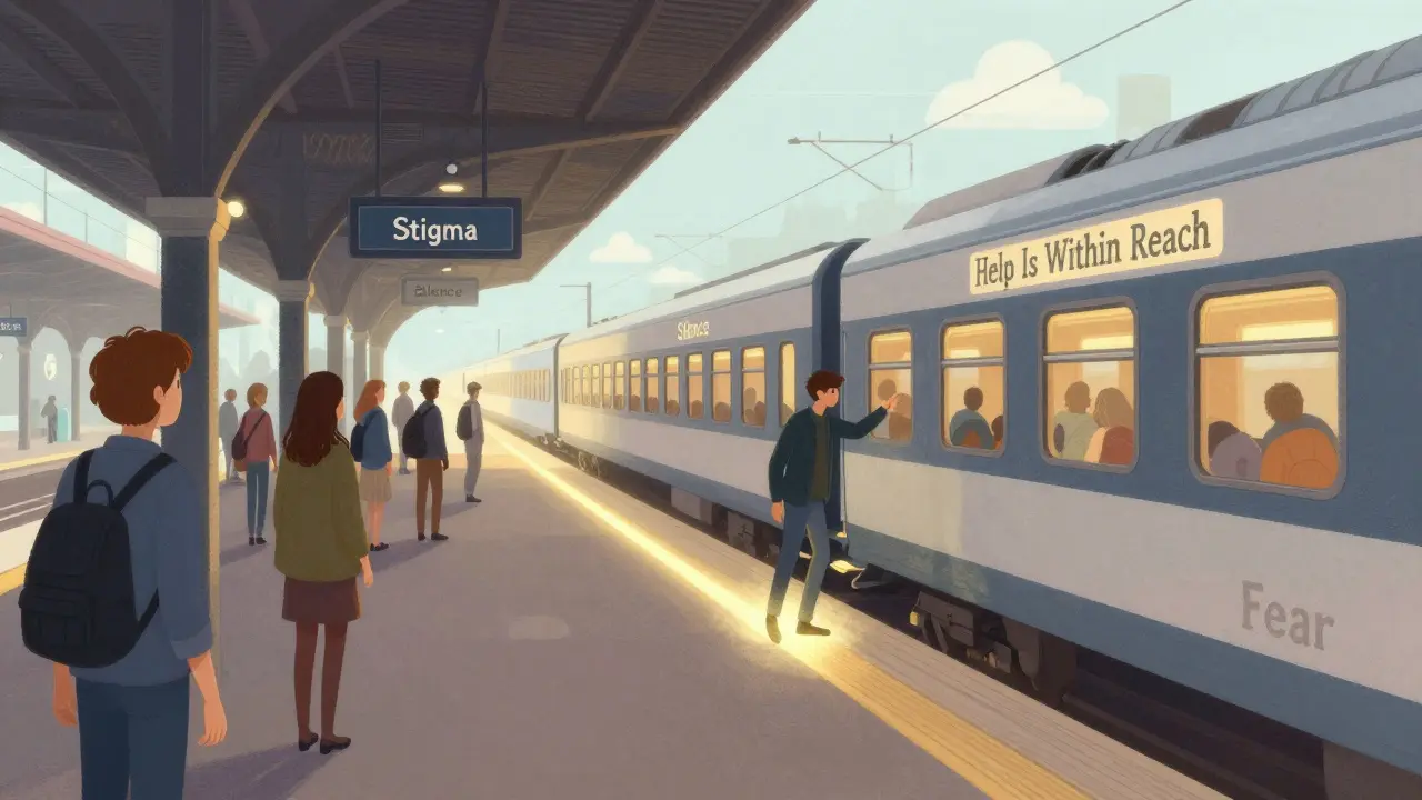 Symbolická stanice, kde jedna osoba opouští strach a vstupuje na vlak s pomocí.