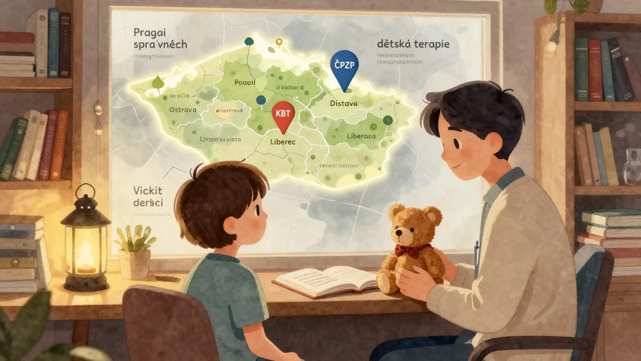 Terapeut a dítě sedí spolu v klidné místnosti, za nimi je mapa Česka s označenými terapeuty a symboly metod.