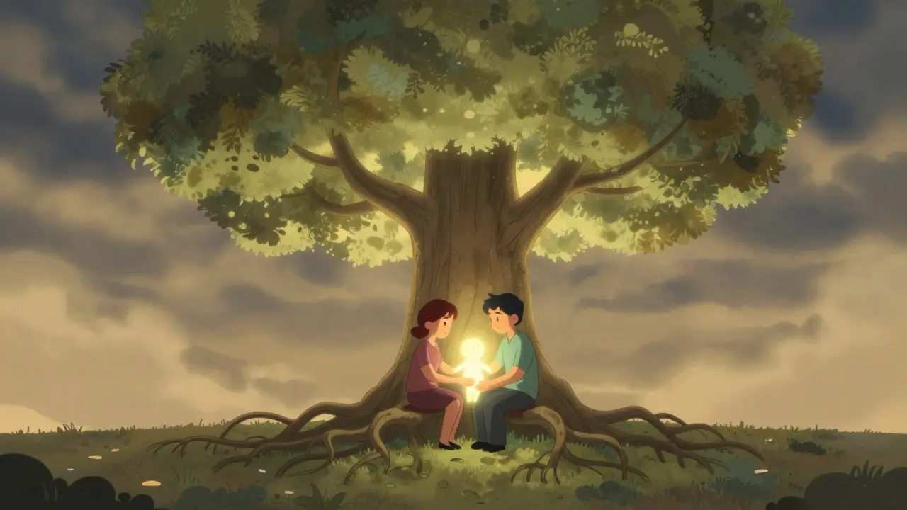 Terapeut a klient pod stromem drží malé zářící dítě, zatímco temné mraky mizí ve zlatém světle.