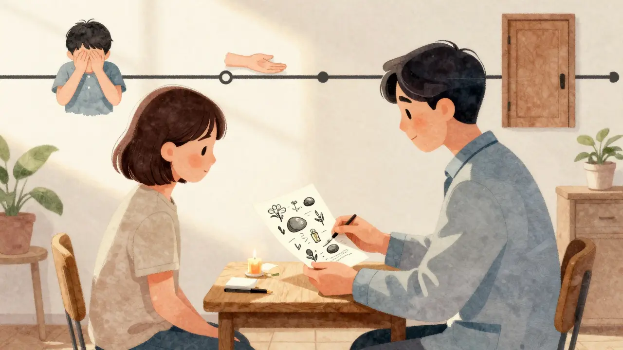 Terapeut a pacient společně čtou napsaný příběh života s náčrtky kamenů a květin.