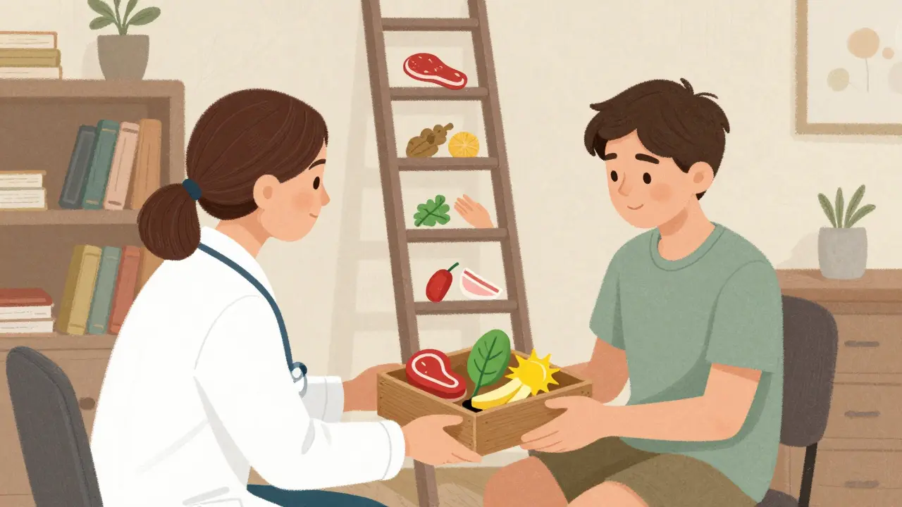 Terapeut a teen s ústupovou žebříkovou diagramem expozice jídel v pozadí.