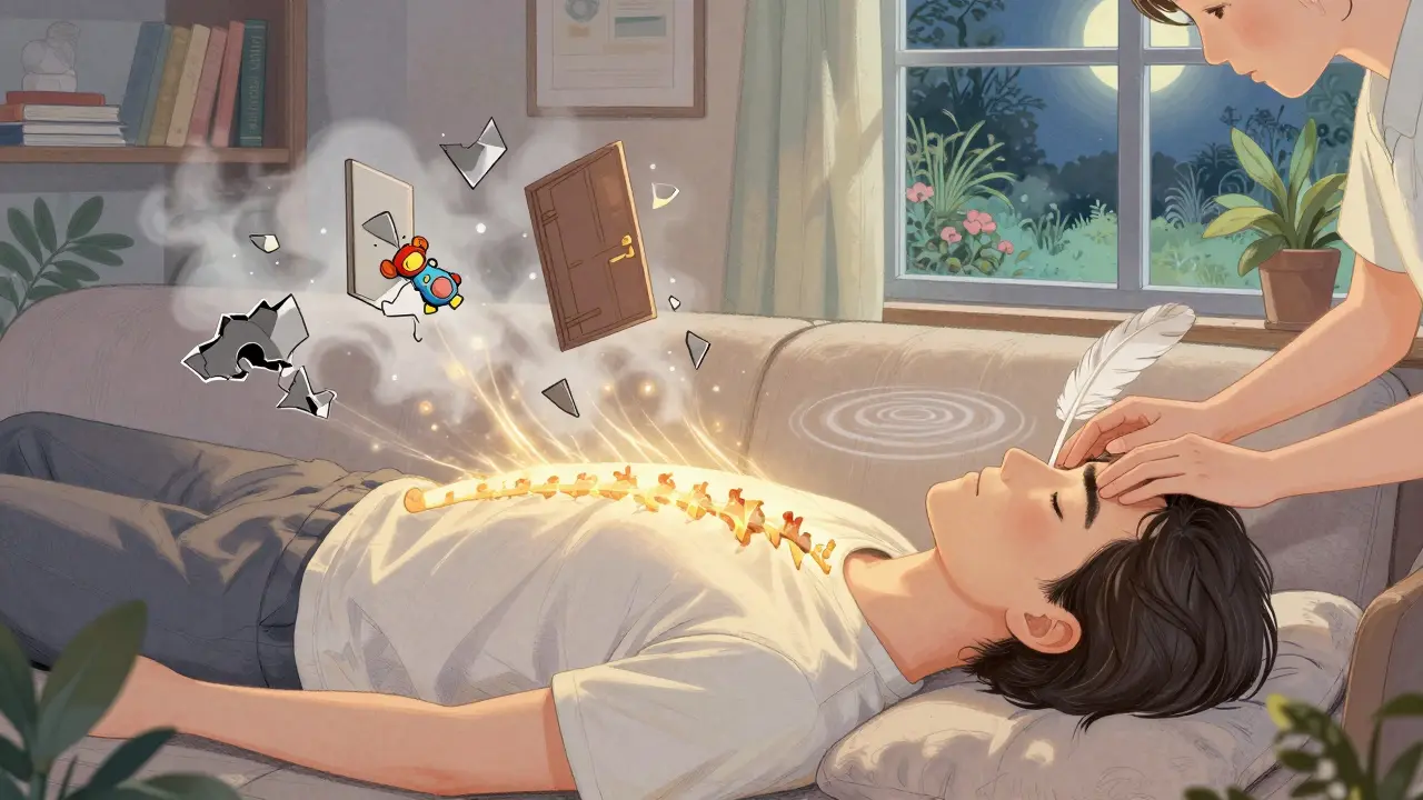 Terapeut jemně dotýká čela pacienta, z jeho těla se šíří zlaté vlny, zatímco staré vzpomínky mizí v mlze.